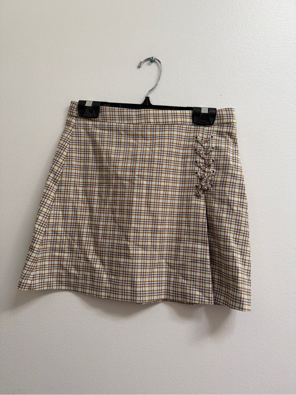 Zara Girls Plaid Lace-Up Mini Skirt in Mint, Blue, Beige, and Brown
